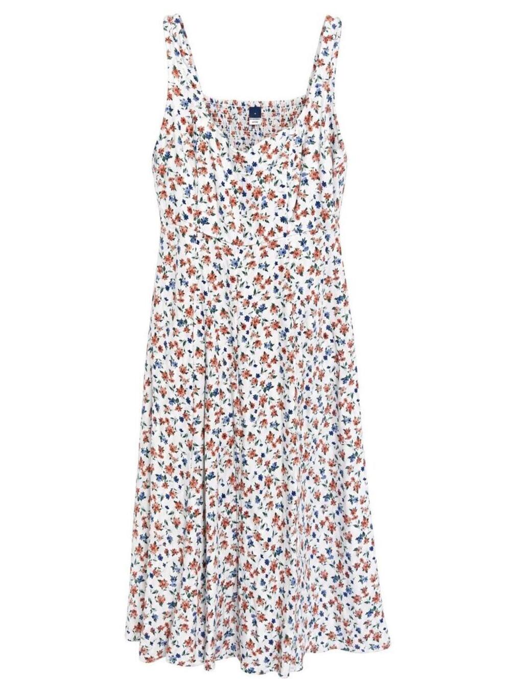 Old Navy Women's Red White Blue Floral Smocked Linen Midi Fit and Flare Dress S
